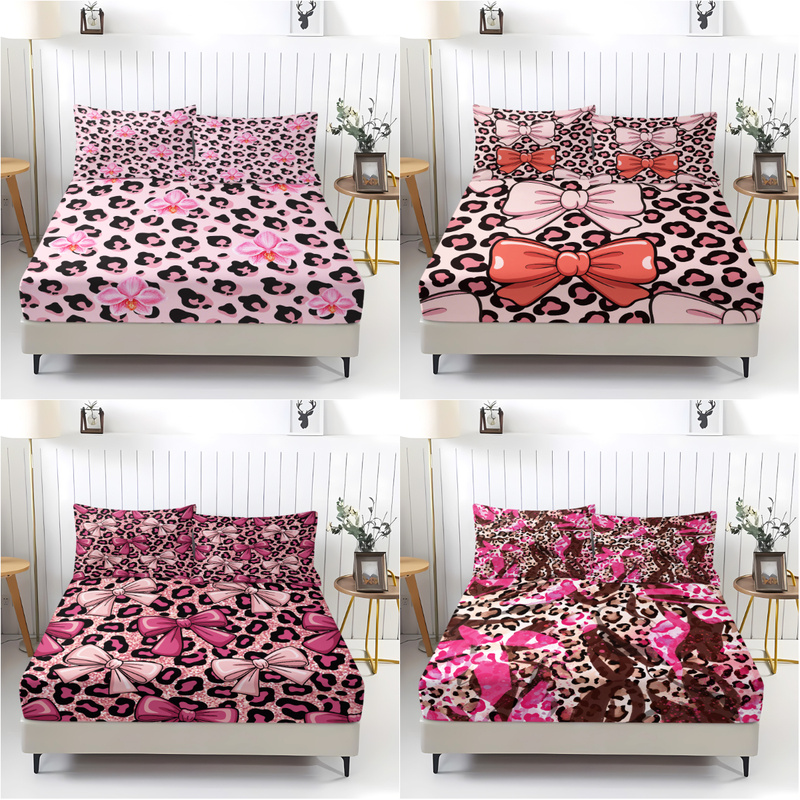 Bed Sheet Microfiber - 3-delig roze luipaard hoeslakenset (1 hoeslaken