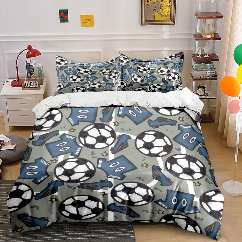 Bed Sheet Microfiber - Cartoon voetbaltenue en balpatroon 3-delige beddengoedset